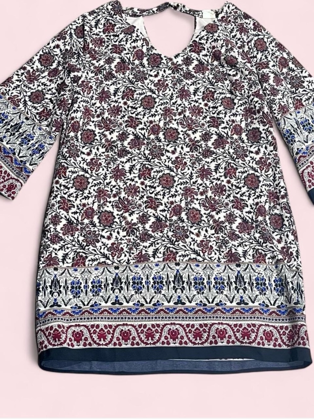 Printed Floral Shift dress or Tunic Top - White & Burgundy Blue